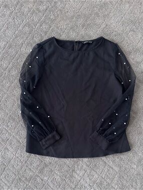 Women’s SHEIN Black Pearl-Embellished Mesh Sleeve Blouse